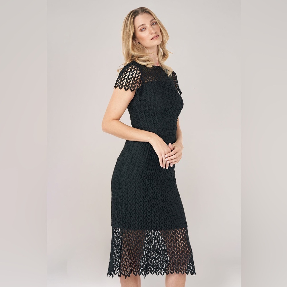 NWT Kay Unger Tatum Dress Floral Lace Sheath Midi Dress Black Size 14 - Picture 2 of 11